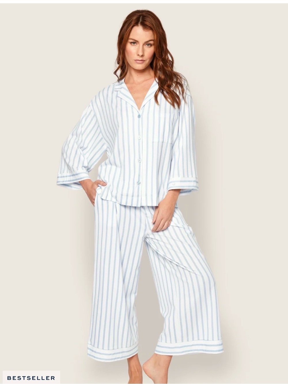 The Olivia Wide Leg Pima Pajama Set in Periwinkle Stripe Petite Plume